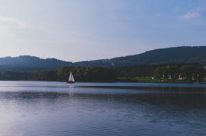 A boat sailing on Lipno Lake, Czech Republic